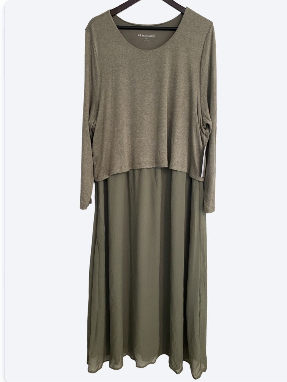 Soft Surroundings Cassie Dress Olive Green Two-Layer Maxi NWT Women’s 2X